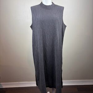 Eileen Fisher New L Charcoal Sleeveless Plisse Mock Neck Classic Midi Dress